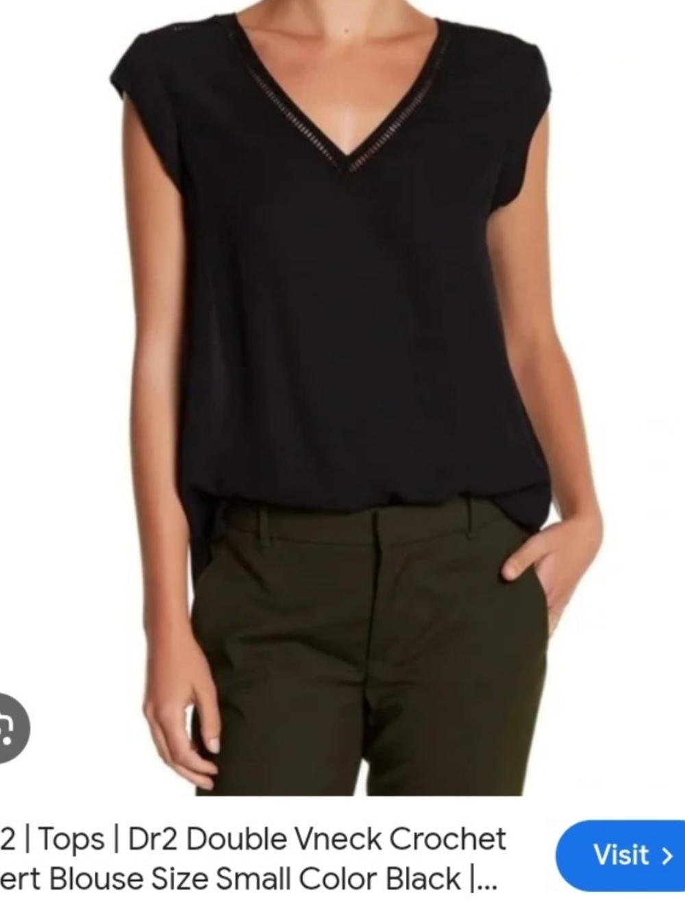 DR2 Black Double V-Neck Crochet Trim Blouse